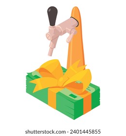Brewing icon isometric vector. Metal beer tap and dollar bill stack with ribbon. Beer production, business