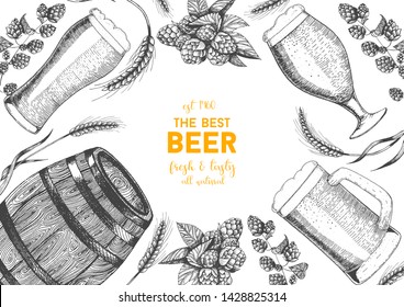 Brewing illustration. Hops and beer hand drawn sketch. Hops and malt, beer glasses and barrel.