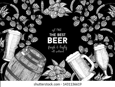 Brewing illustration. Hops and beer hand drawn sketch. Hops and malt, beer glasses and barrel.