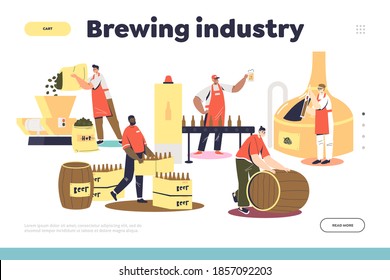 Brewing industry landing page concept with beer production process and cartoon beer factory or brewery workers boiling craft beer. Template flat vector illustration