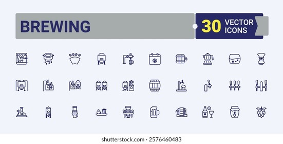 Brewing line icons set. It contains symbols to barrel, can, tap, glass, hop, brewery and more. Flat UI icon design. Outline and solid pictogram.