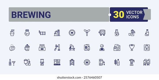 Brewing line icons set. It contains symbols to barrel, can, tap, glass, hop, brewery and more. Flat UI icon design. Outline and solid pictogram.