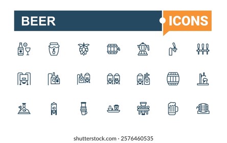 Brewing linear icon collection. Icons barrel, wheat, craft, can, tap, bottle, cafe and more. Perfect for logos and infographics. Vector line and solid icons.