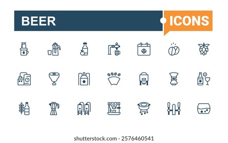 Brewing linear icon collection. Icons barrel, wheat, craft, can, tap, bottle, cafe and more. Perfect for logos and infographics. Vector line and solid icons.