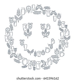 Brewing lined icons collection with beer elements in shape of smile on white background isolated vector illustration