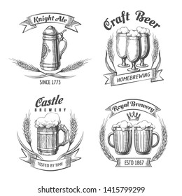 Brewing logo. Sketch craft beer labels with bottle and wheat, hop and mug for retro pub and vintage bar, vector illustration