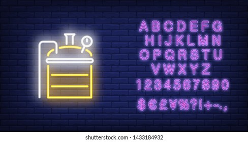 Brewing machine on brick background. Neon style illustration. Brewery manufactory, home brew, beer shop. Beer banner. For business, production, drink concept