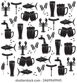 Brewing monochrome seamless pattern with beer lined icons and elements on white background vector illustration.