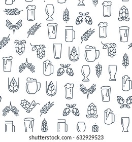 Brewing monochrome seamless pattern with beer lined icons and elements on white background vector illustration