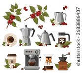 Brewing perfection with coffee beans, plants, and modern brewing machines for a stimulating morning ritual.
