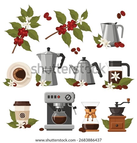 Brewing perfection with coffee beans, plants, and modern brewing machines for a stimulating morning ritual.