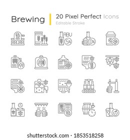 Brewing pixel perfect linear icons set. Beer production. Factory produce alcohol. Manufacturing process. Customizable thin line contour symbols. Isolated vector outline illustrations. Editable stroke