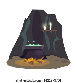 Brewing potion in cave flat vector illustration. Halloween, trick or treat. Steaming pot. Magic potion in cauldron. Mystical fairytale cartoon image.