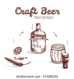 Brewing process hand drawn concept with ingredients and main steps of craft beer production isolated vector illustration
