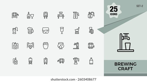 Brewing simple icon. Contain linear outline icons beer, cafe, wheat, brew, beverage, barrel, cap and more. Set of line pictogram. Editable stroke icon collections.