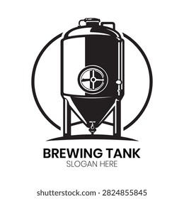 Brewing Tank logo presents a towering commercial fermentation cylinder framed by symmetrical brewing ingredients in a circular emblem. This professional design is ideal for commercial breweries, beverage manufacturing plants, craft beer engineering firms, fermentation labs, or wholesale drink distributors needing a credible visual identity that highlights precision manufacturing, industrial capacity, and reliable beverage production.