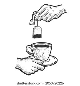 brewing tea from a tea bag sketch engraving vector illustration. T-shirt apparel print design. Scratch board imitation. Black and white hand drawn image.