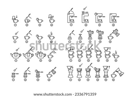 Brewing Tea and Coffee Instruction Black Thin Line Icon Set. Vector illustration of How to Make Hot Drink Process Icons