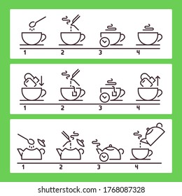 Brewing tea instruction. Preparing green or black hot drink with bag. Beverage preparation guideline or tutorial. Steps to cook tea in using pot and kettle with boiled water vector illustration