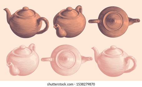 Brewing teapot. Design set. Hand drawn engraving. Editable vector vintage illustration. Isolated on light background. 8 EPS