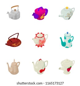 Brewing teapot icons set. Cartoon set of 9 brewing teapot vector icons for web isolated on white background