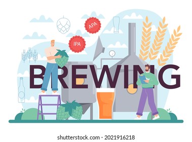 Brewing typographic header. Craft beer production, brewing process. Draught beer tank, vintage mug and bottle full of alcohol drink. Isolated vector illustration