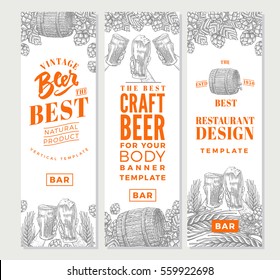 Brewing vertical banners with beer products glasses mugs barrels and hops in engraving style vector illustration