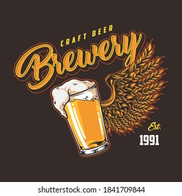 Brewing vintage colorful badge with beer glass and eagle wing made of wheat ears isolated vector illustration
