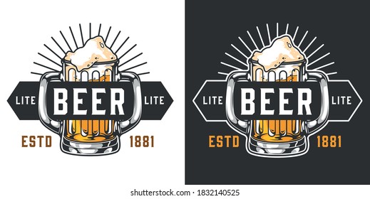 Brewing vintage colorful label with inscriptions and beer mug with two handles isolated vector illustration