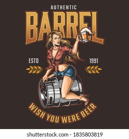 Brewing vintage colorful print on dark background with pin up pretty woman sitting on metal keg and holding beer cup isolated vector illustration