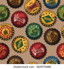 Brewing vintage colorful seamless pattern with beer bottle caps with different inscriptions vector illustration