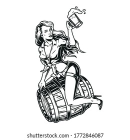 Brewing vintage concept with pretty pin up girl holding cup full of beer and sitting on wooden barrel in monochrome style isolated vector illustration