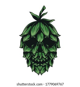 Brewing vintage concept with skull in green hop cone shape isolated vector illustration