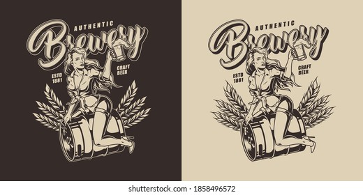 Brewing vintage label with pretty lady holding cup of foamy drink and sitting on metal keg of beer on light and dark backgrounds isolated vector illustration