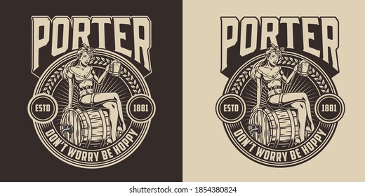 Brewing vintage monochrome badge with letterings attractive woman with cup of beer sitting on wooden barrel isolated vector illustration