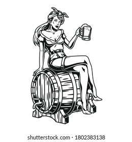 Brewing vintage monochrome concept with pretty girl holding cup of beer and sitting on wooden cask isolated vector illustration