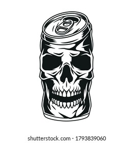 Brewing vintage monochrome concept with skull in shape of crumpled beer can isolated vector illustration