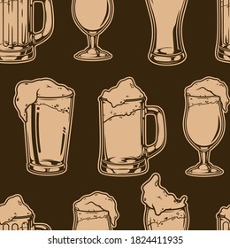 Brewing vintage seamless pattern with glasses and cups full of foamy fresh alcoholic drink in monochrome style vector illustration