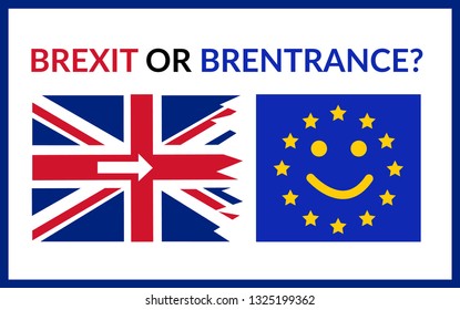 Brexit or Brentrance, Smiling Europian union flag and ragged Great Britain Flag with arrows back to EU. Concept of doubts GB of leaving EU. GB Humbly wants to cancel Brexit. Simple flat vector eps10