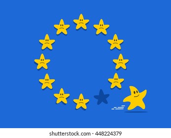 Brexit cartoon concept. One star leaving European Union flag symbolizing United Kingdoms leaving EU in Brexit referendum.