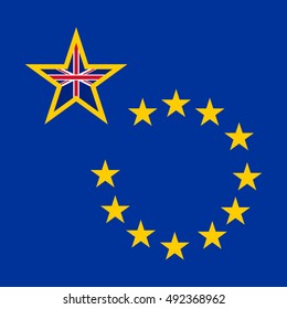 Brexit concept banner. British exit. England intends to withdraw from the European Union. Blue background with european golden stars and one big british star.