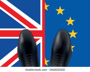 Brexit concept between the European Union and the United Kingdom with a pair of shoes seen from above, straddling the British flag and that of Europe.