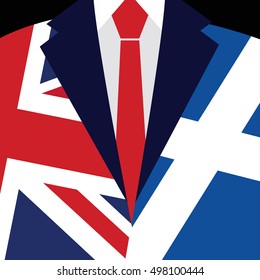 Brexit concept. British flag. Scottish flag. Scottish referendum. Symbol of imminent exit of Scotland out of the Great Britain.  Vector illustration background.