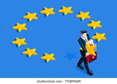 Brexit concept. A british gentleman take a star out from euro flag.