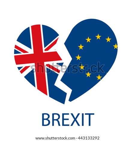 Brexit concept with broken heart, UK and Euro union flags, vector illustration