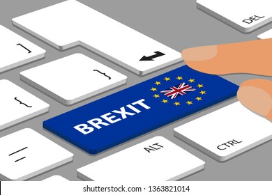 BREXIT Concept - Computer Or Laptop Keyboard With Blue  Button With Fingers - Vector Illustration