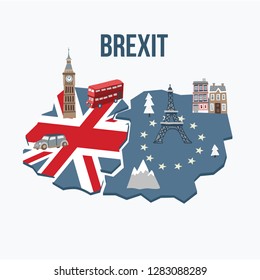 Brexit concept. Flags of the United Kingdom and the European Union on cracked map background. Possible exit of Great Britain from the EU. Symbols of London and continental Europe. Vector illustration.