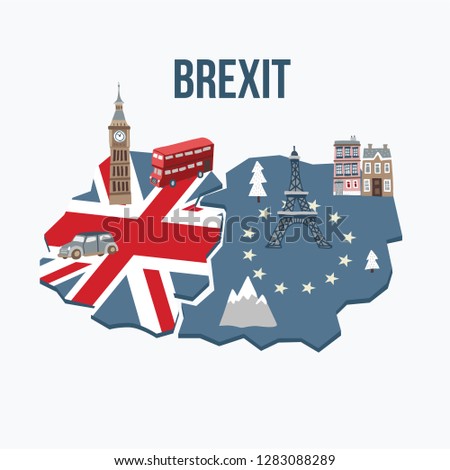 Brexit concept. Flags of the United Kingdom and the European Union on cracked map background. Possible exit of Great Britain from the EU. Symbols of London and continental Europe. Vector illustration.