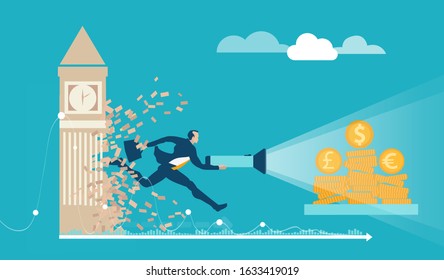 Brexit concept illustration. Britain out of EU. New era of finance and political life for UK. Businessman running through the Big Ben wall destroying it. Concept illustration