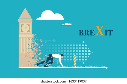 Brexit concept illustration. Britain out of EU. New era of finance and political life for UK. Businessman running through the Big Ben wall destroying it. 